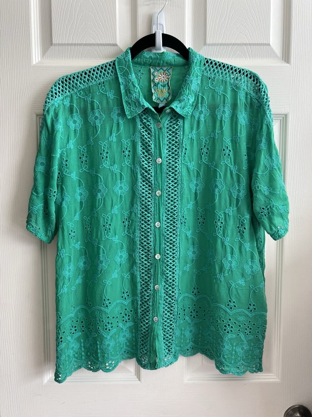 JOHNNY WAS Audrey Green Floral Embroidered Eyelet Button Blouse Shirt Top Sz L